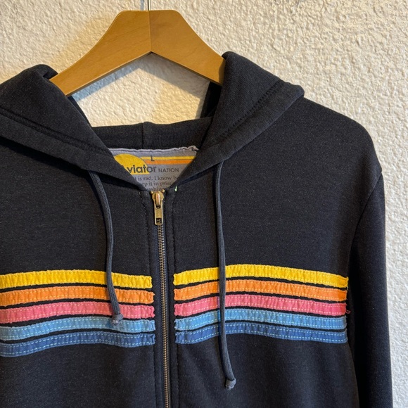 Aviator Nation Rainbow 5 Stripe Full Zip Drawstring Hoodie Black Unisex Size L - Picture 2 of 6
